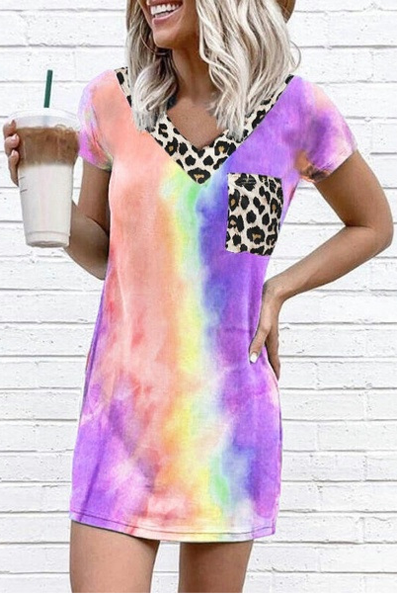 Tie Dye Gradient Leopard T-Shirt Dress