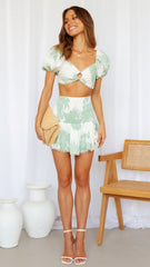 Sage Floral Crop Top and Smocked Skirt Sets