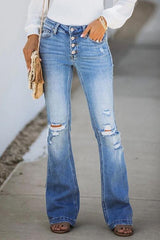 Ripped  Button Fly Slim Flare Jeans