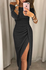Boat Neck Glittering High Split Wrap Dress