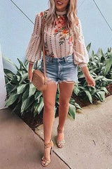 Chiffon Printed Lantern Sleeve Shirt