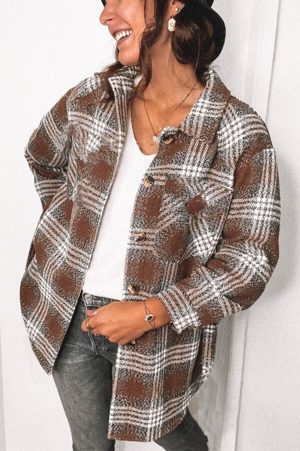 Fashion Plaid Loose Woollen Coat