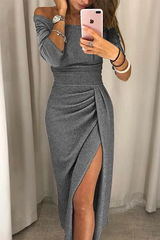 Boat Neck Glittering High Split Wrap Dress