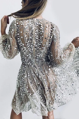 See Through Lantern Sleeve Sequin Party Princes Dress