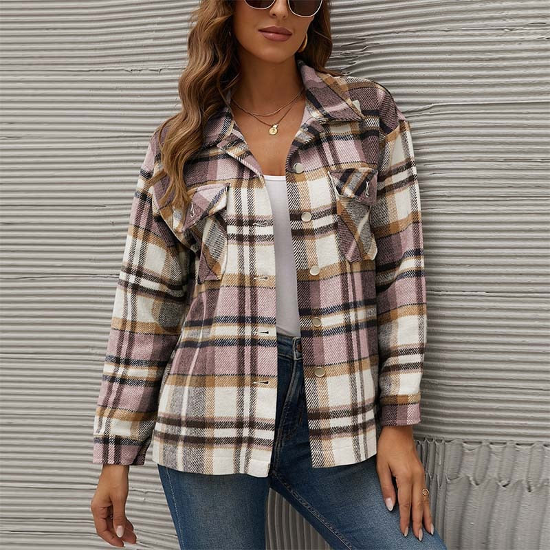 Winter Plaid Shirt Jacket For Women Checkered Jacket Coat Casual Long Sleeve Thick Overshirt Turn Down Collar Fashion Outerwear