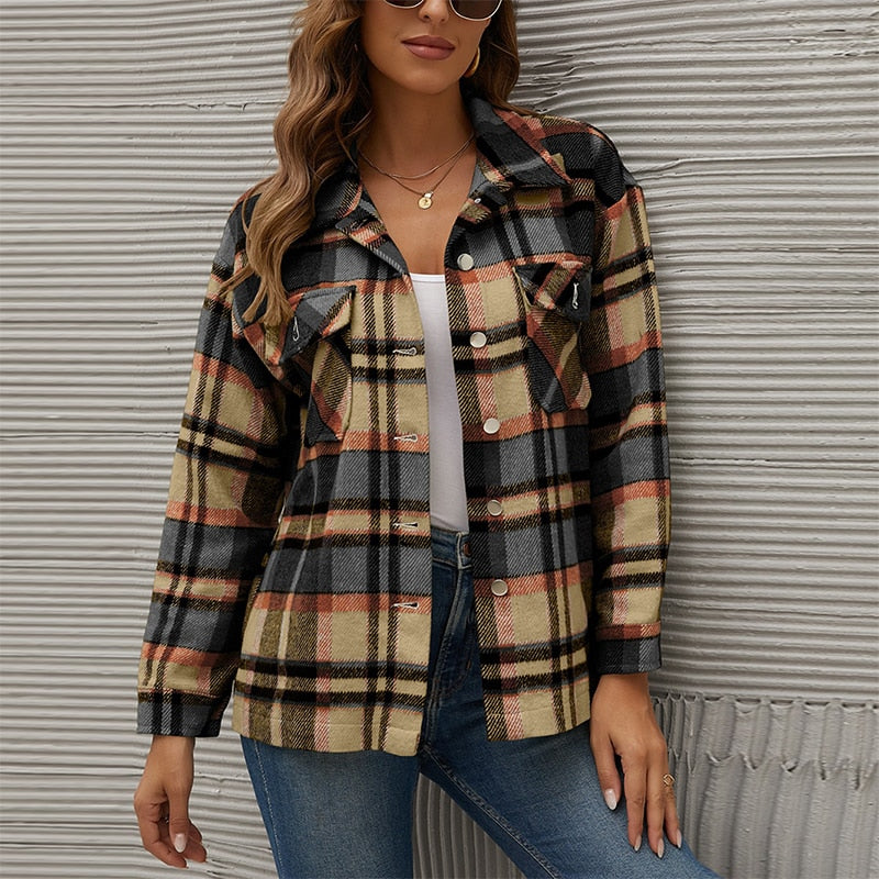 Winter Plaid Shirt Jacket For Women Checkered Jacket Coat Casual Long Sleeve Thick Overshirt Turn Down Collar Fashion Outerwear