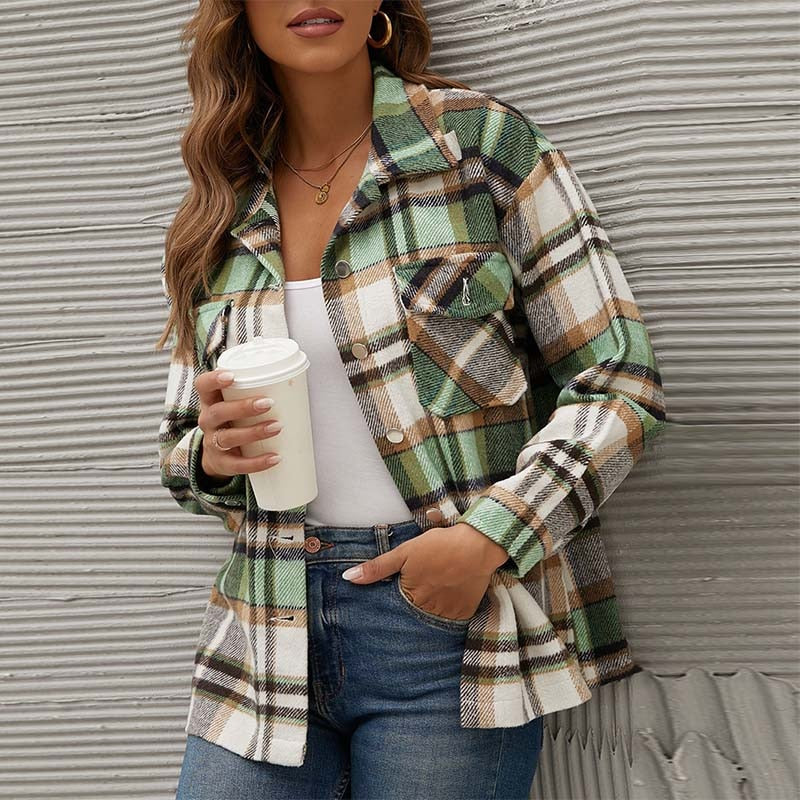 Winter Plaid Shirt Jacket For Women Checkered Jacket Coat Casual Long Sleeve Thick Overshirt Turn Down Collar Fashion Outerwear