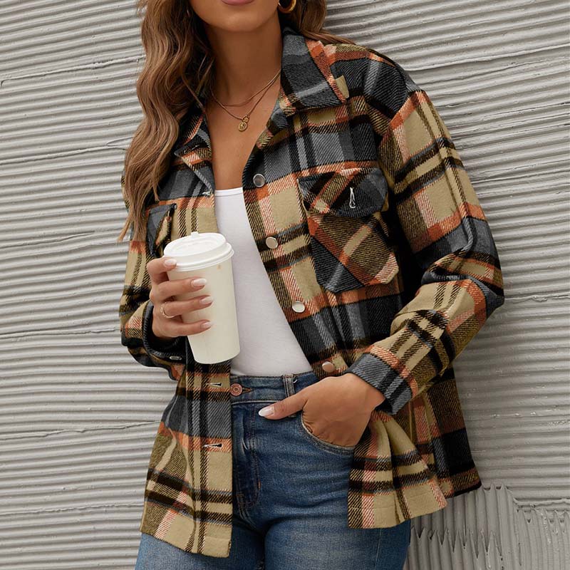 Winter Plaid Shirt Jacket For Women Checkered Jacket Coat Casual Long Sleeve Thick Overshirt Turn Down Collar Fashion Outerwear