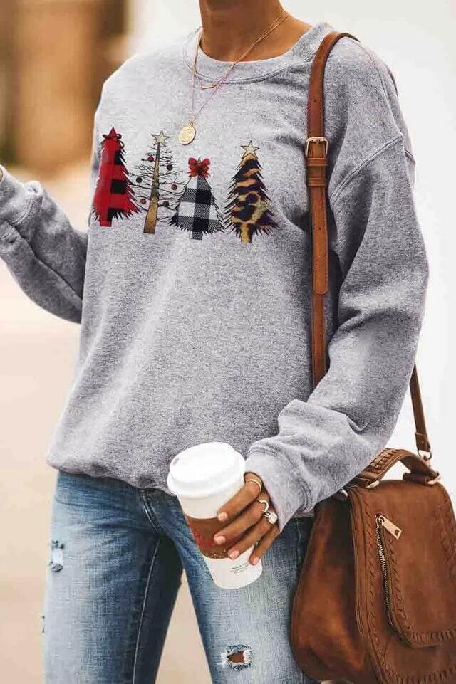 Casual Grey Christmas Tree Print Top