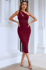 Marciela One Shoulder Pencil Midi Bandage Dress - Red