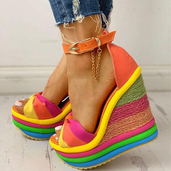 Women Colorful Rainbow Wedge Sandals