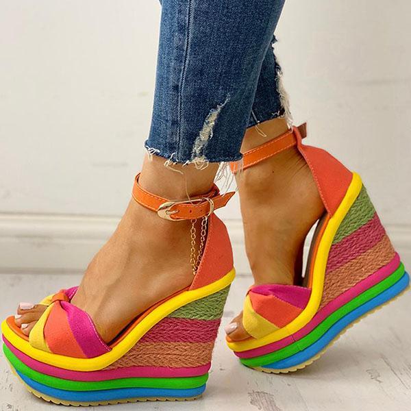 Women Colorful Rainbow Wedge Sandals