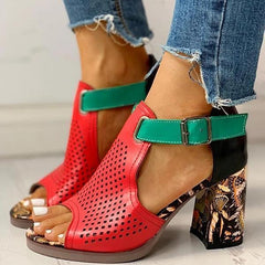 Women Colorblock Hollow Out Chunky Heeled Sandals