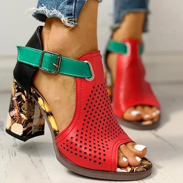 Women Colorblock Hollow Out Chunky Heeled Sandals