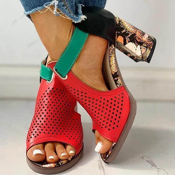 Women Colorblock Hollow Out Chunky Heeled Sandals