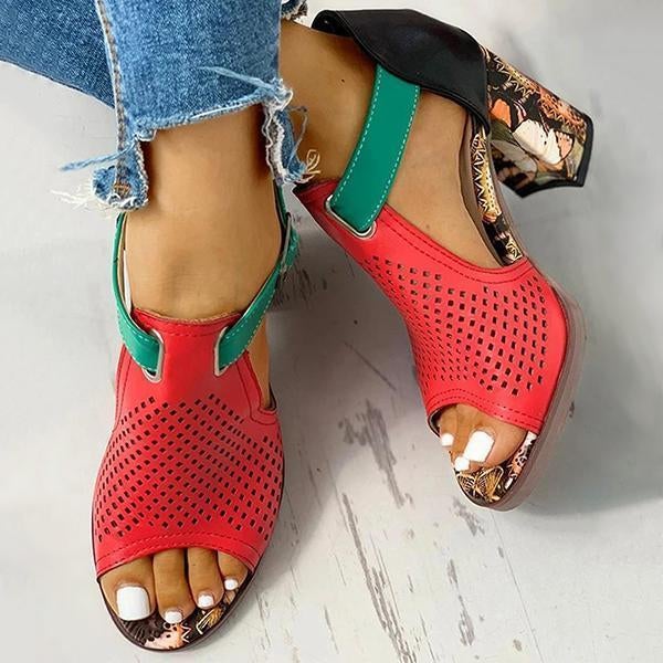 Women Colorblock Hollow Out Chunky Heeled Sandals