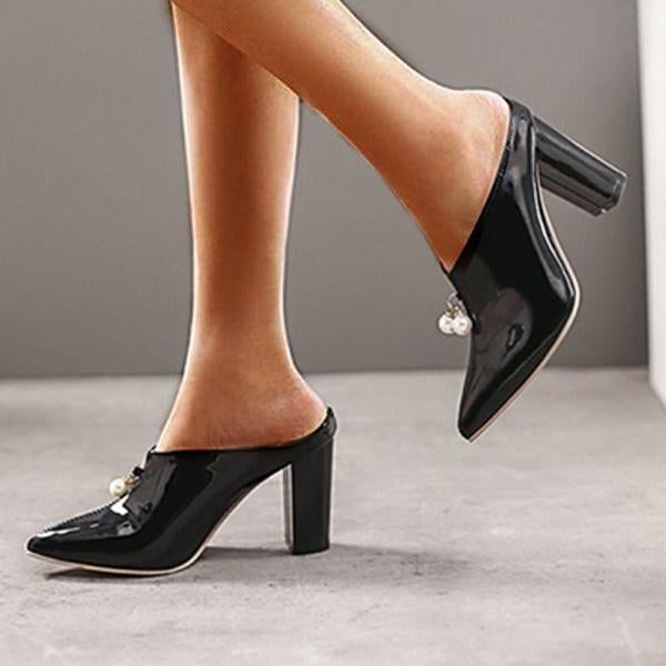 Women Pointed Pearl Patent Leather High-Heel Slippers