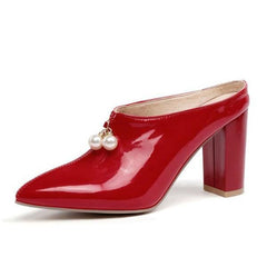 Women Pointed Pearl Patent Leather High-Heel Slippers