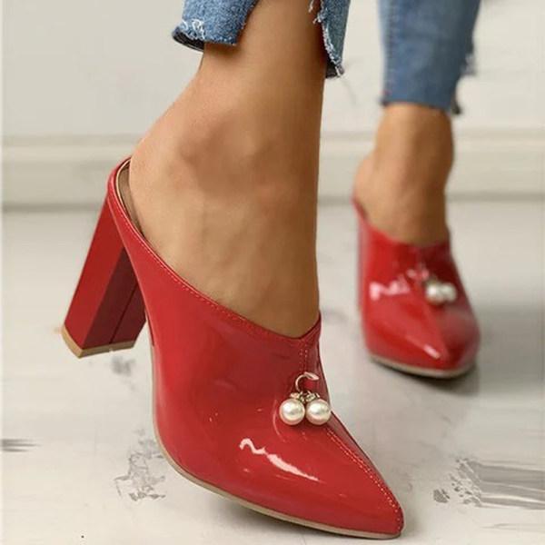 Women Pointed Pearl Patent Leather High-Heel Slippers