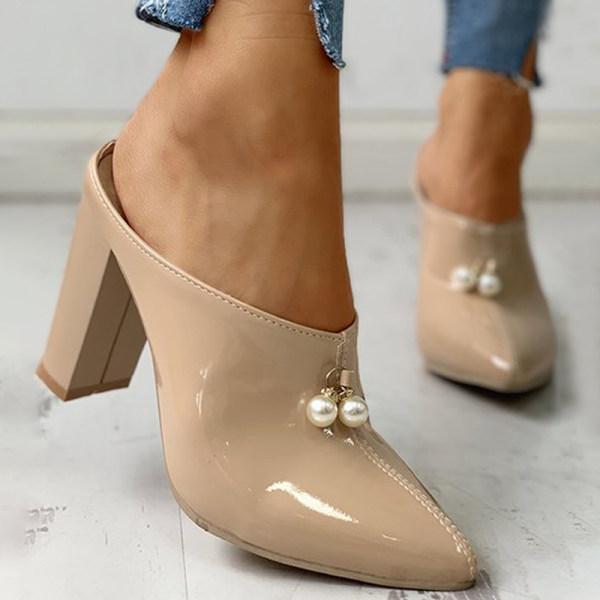 Women Pointed Pearl Patent Leather High-Heel Slippers