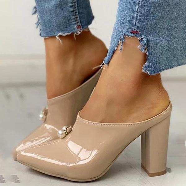 Women Pointed Pearl Patent Leather High-Heel Slippers