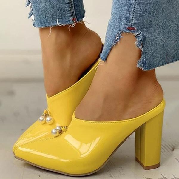 Women Pointed Pearl Patent Leather High-Heel Slippers