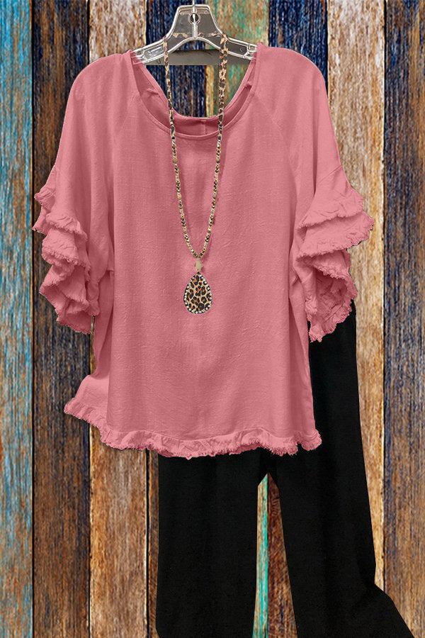 Ruffled Round Neck Cotton T-shirt