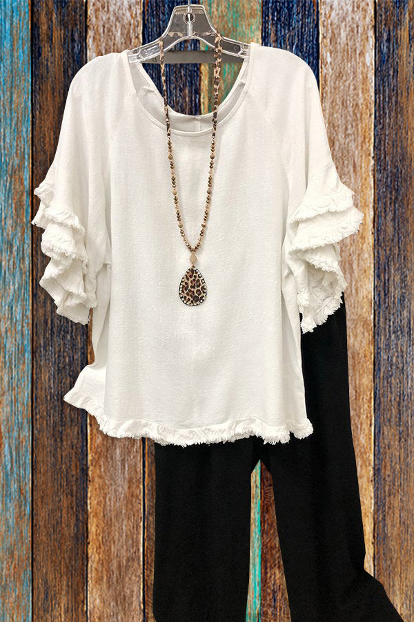 Ruffled Round Neck Cotton T-shirt