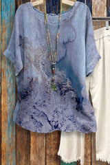 Tie-dye Loose Round Neck Short Sleeve Cotton Linen Tops