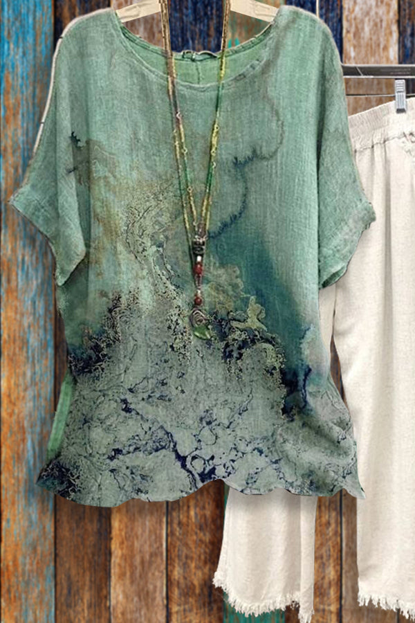 Tie-dye Loose Round Neck Short Sleeve Cotton Linen Tops