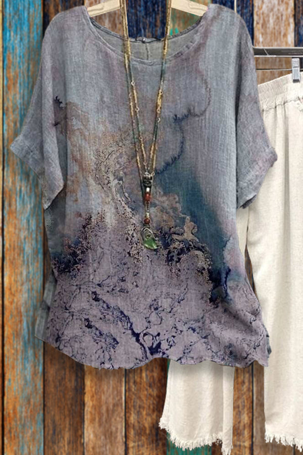 Tie-dye Loose Round Neck Short Sleeve Cotton Linen Tops