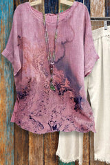 Tie-dye Loose Round Neck Short Sleeve Cotton Linen Tops