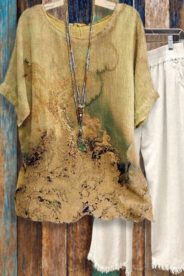 Tie-dye Loose Round Neck Short Sleeve Cotton Linen Tops