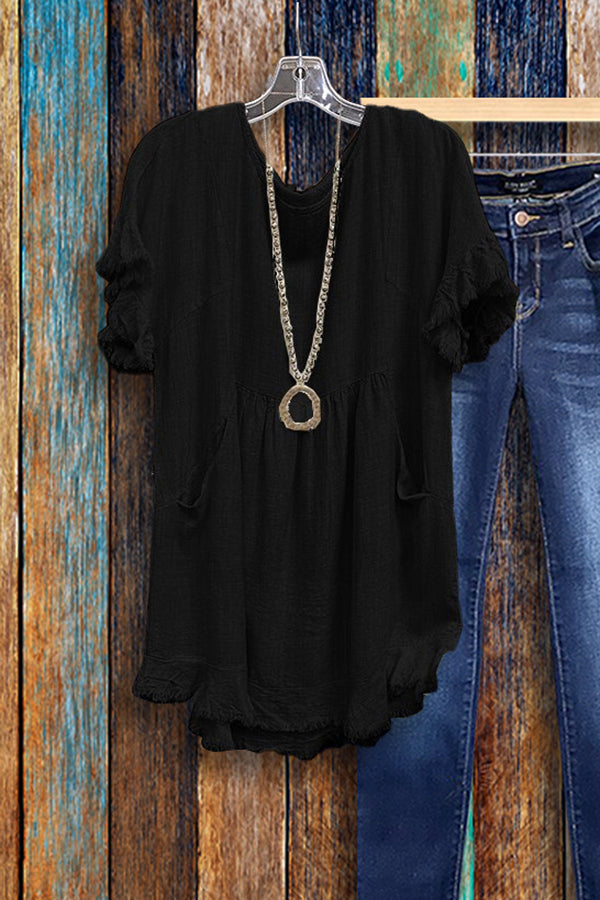 Round Neck Ruffled Pocket T-shirt