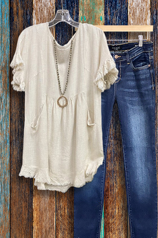 Round Neck Ruffled Pocket T-shirt