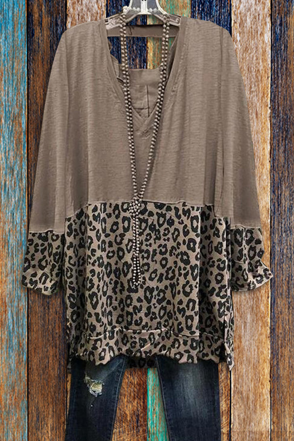 Casual Leopard Print Panel V-Neck T-Shirt