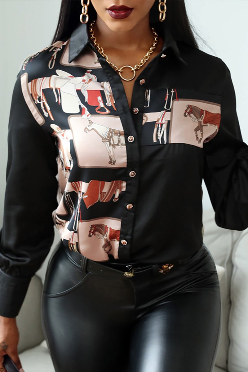 Vintage Printed Button Long Sleeve Blouse