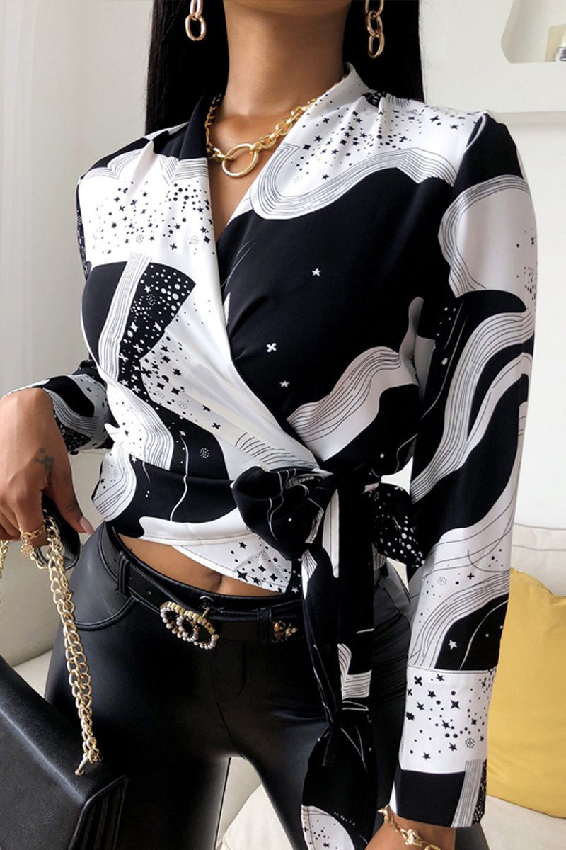 Printed V-Neck Wrap Lace-Up Blouse
