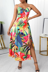 Colorful Tropical Strapped Slit Dress