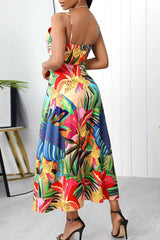 Colorful Tropical Strapped Slit Dress