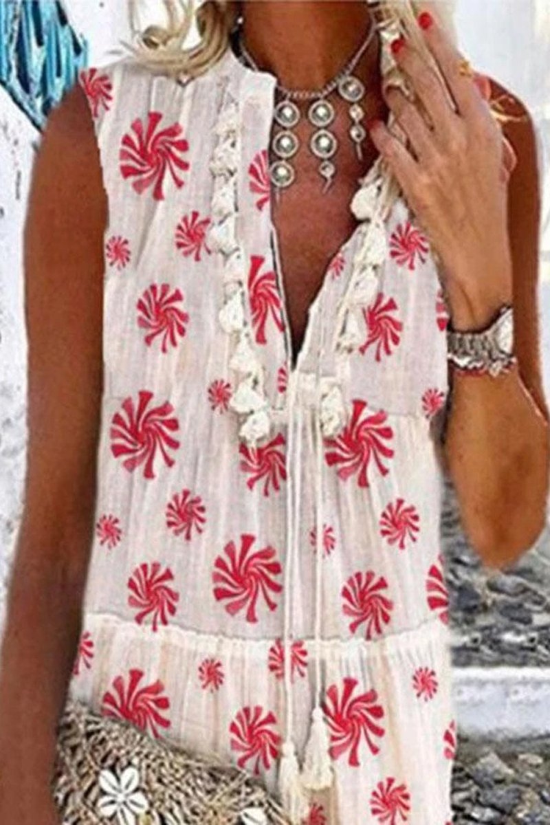 Bohemian Printed Sleeveless Tassel Dress