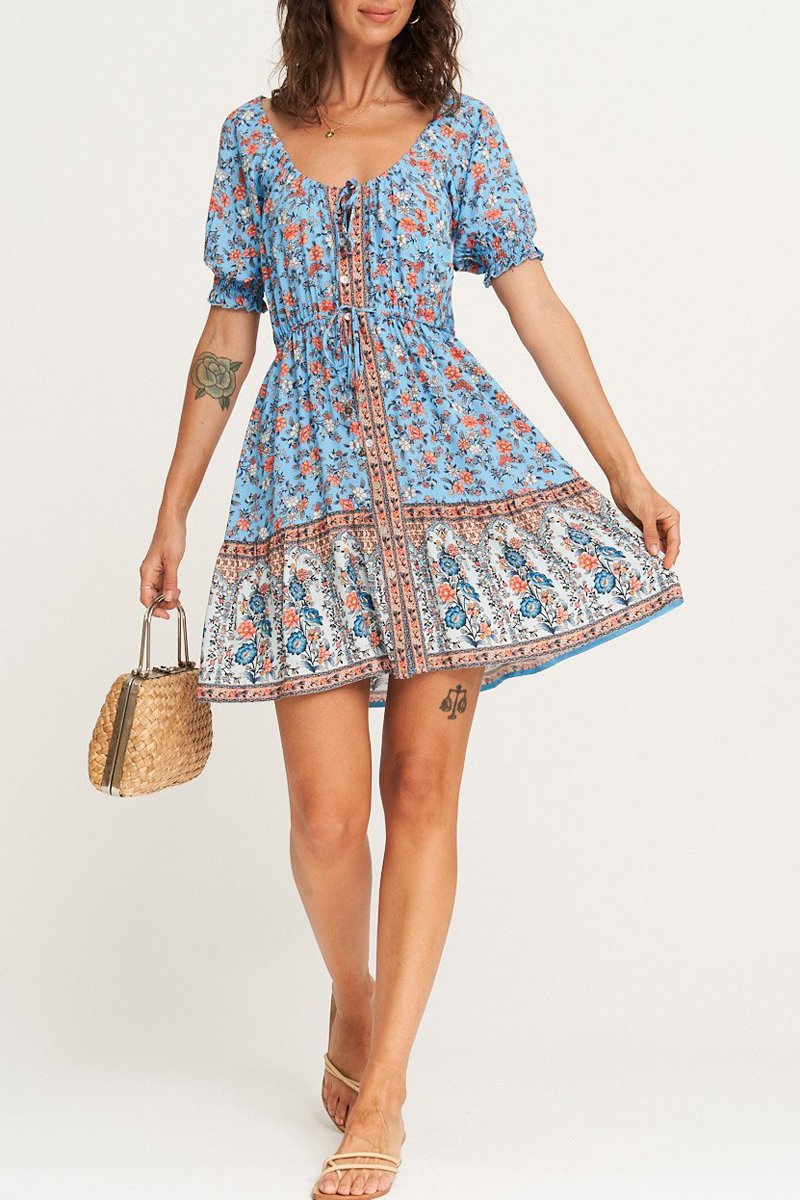 Bohemian Floral Lace Up Neckline Dress