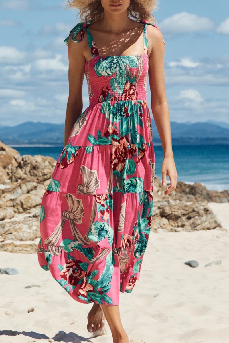 Vacation Print Lace Up Sleeveless Dress