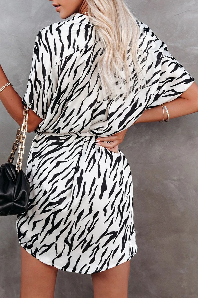 Zebra Pattern Short Sleeve Dress(With Belt)