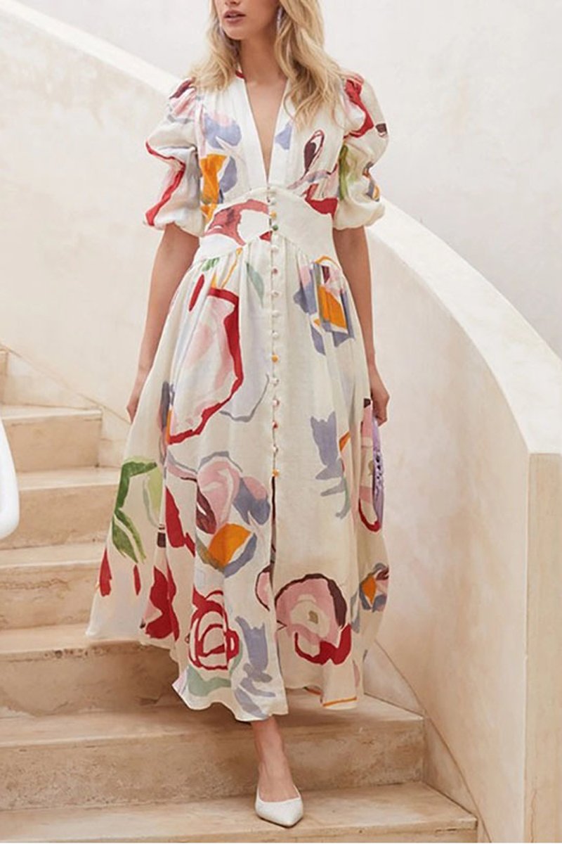 Puff Sleeve Maxi V-Neck Dress