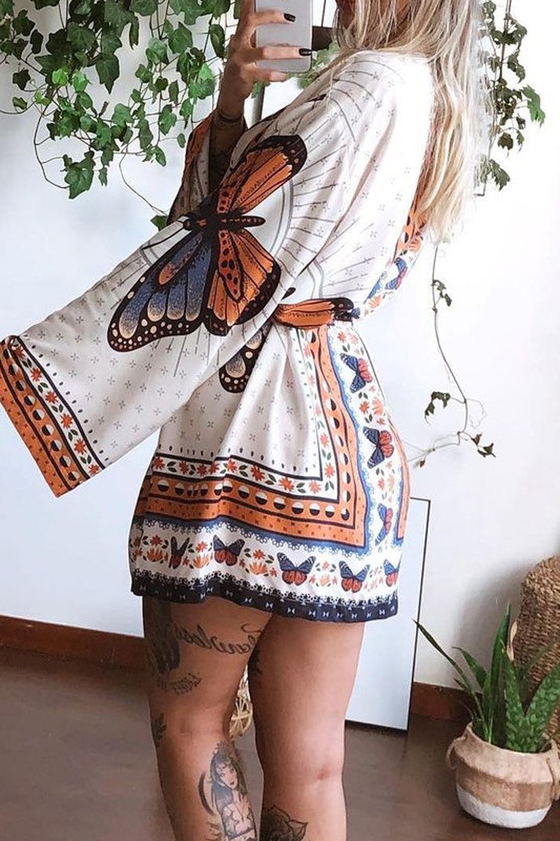 Butterfly Print Long Sleeve Dress(With Belt)