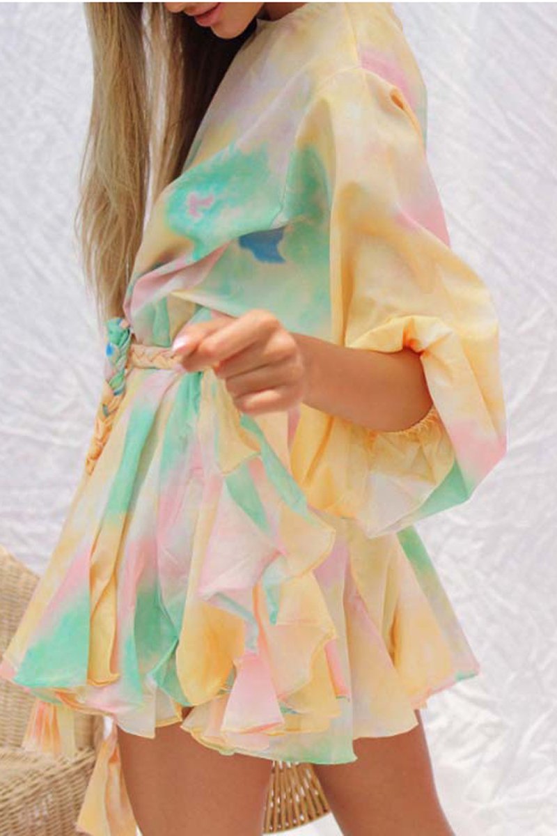 Tie Dye Print Lantern Sleeve Weave Dress(With Belt)