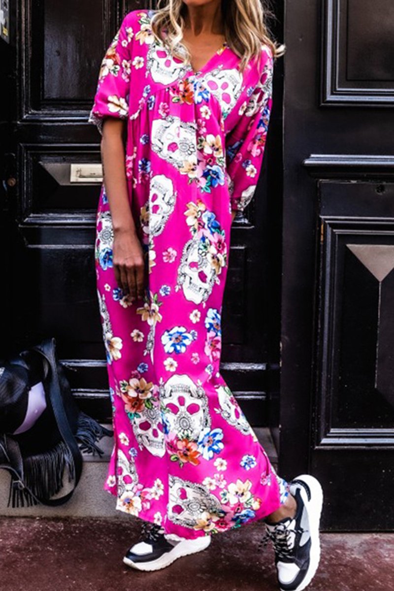 Bohemian Floral Skull Print Maxi Dress