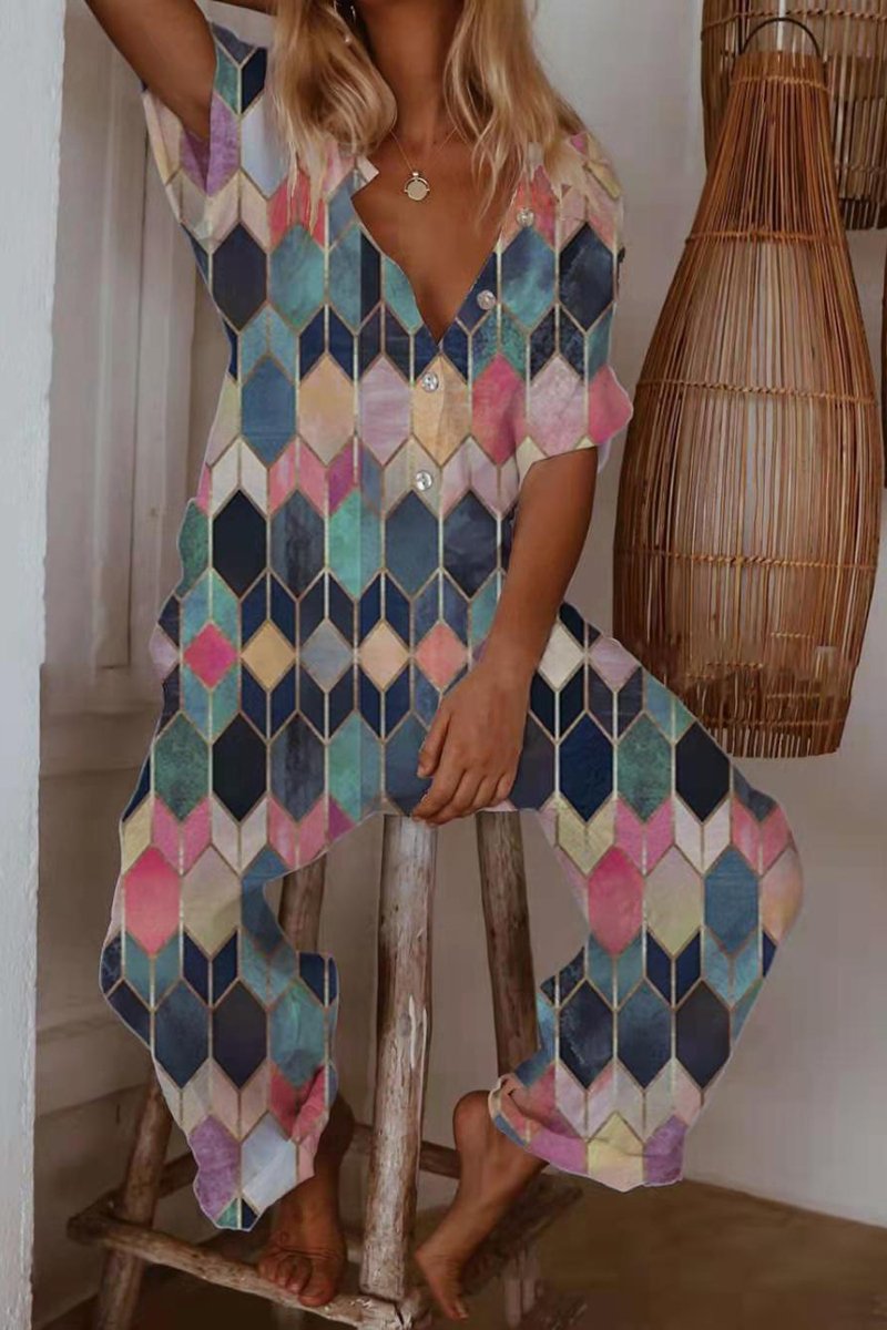 Color Block Short Sleeve Casual Jumpsuit