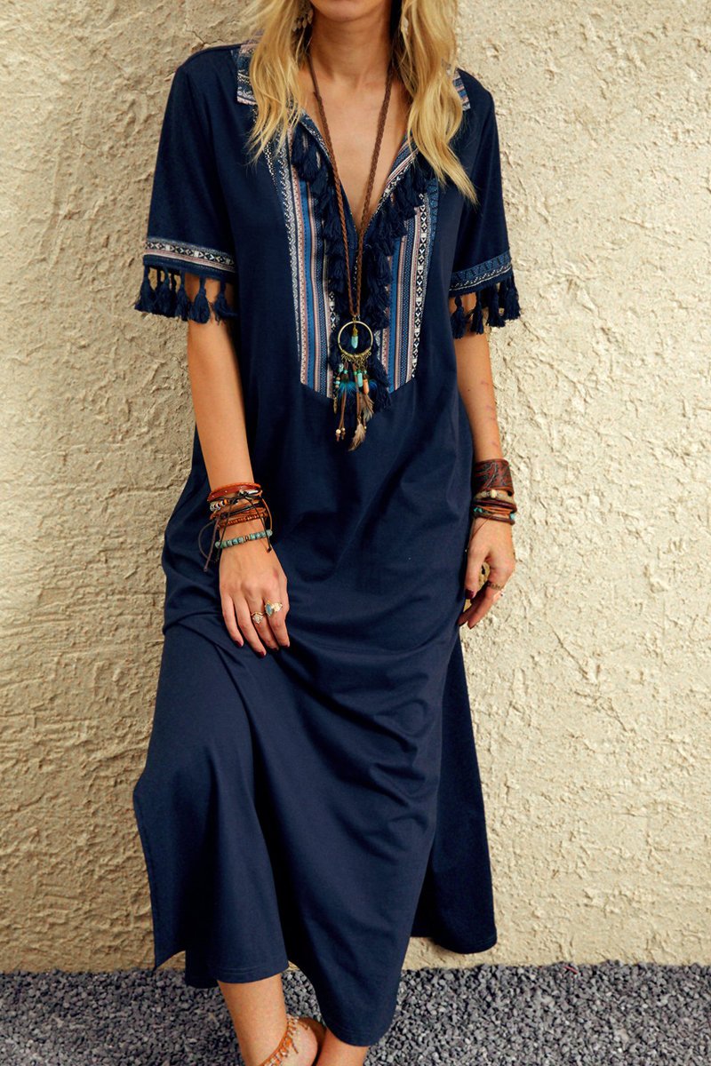 Vintage Tassel Stitching Maxi Dress